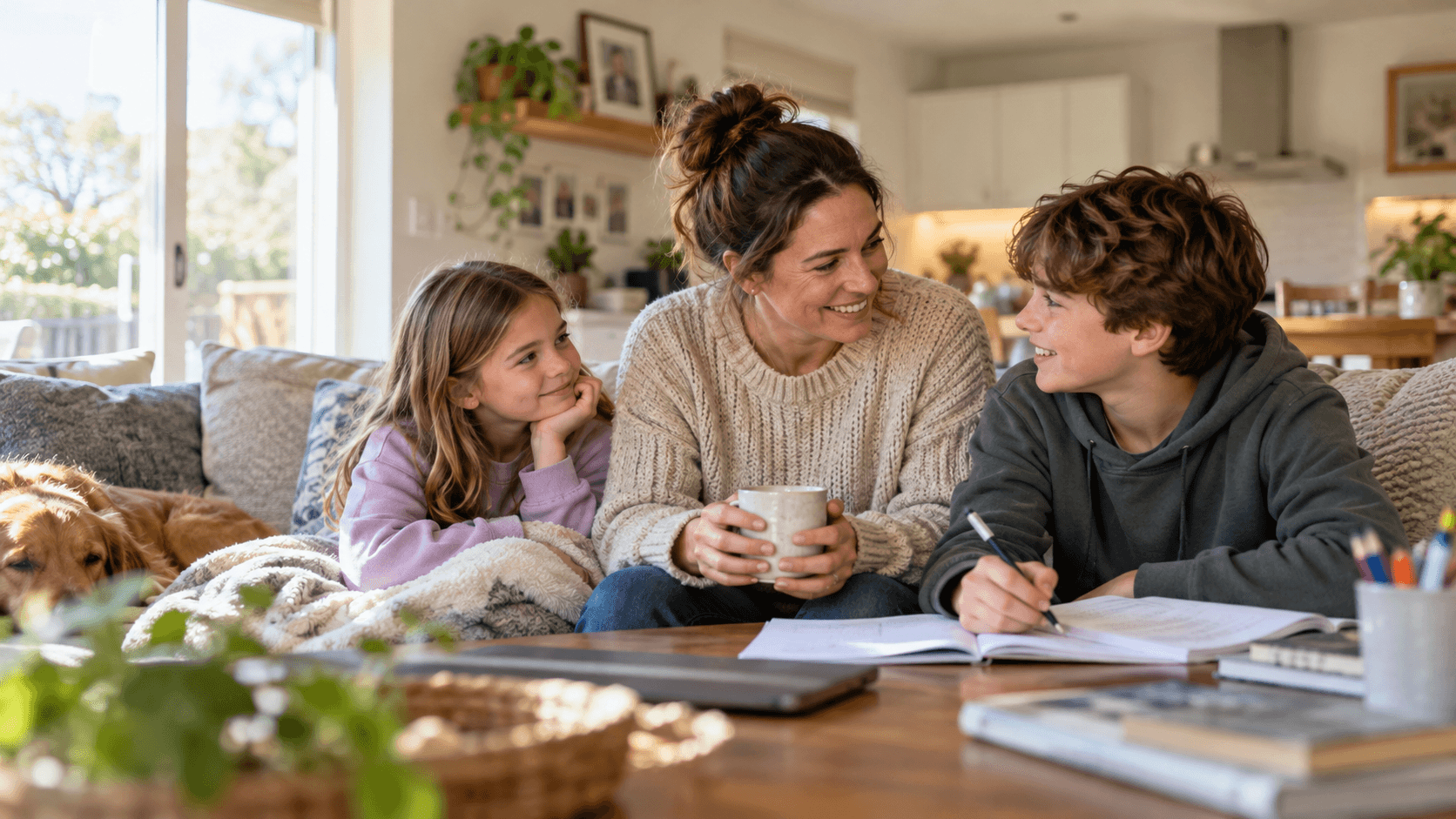 Adult supporting two children with homework in a warm home setting